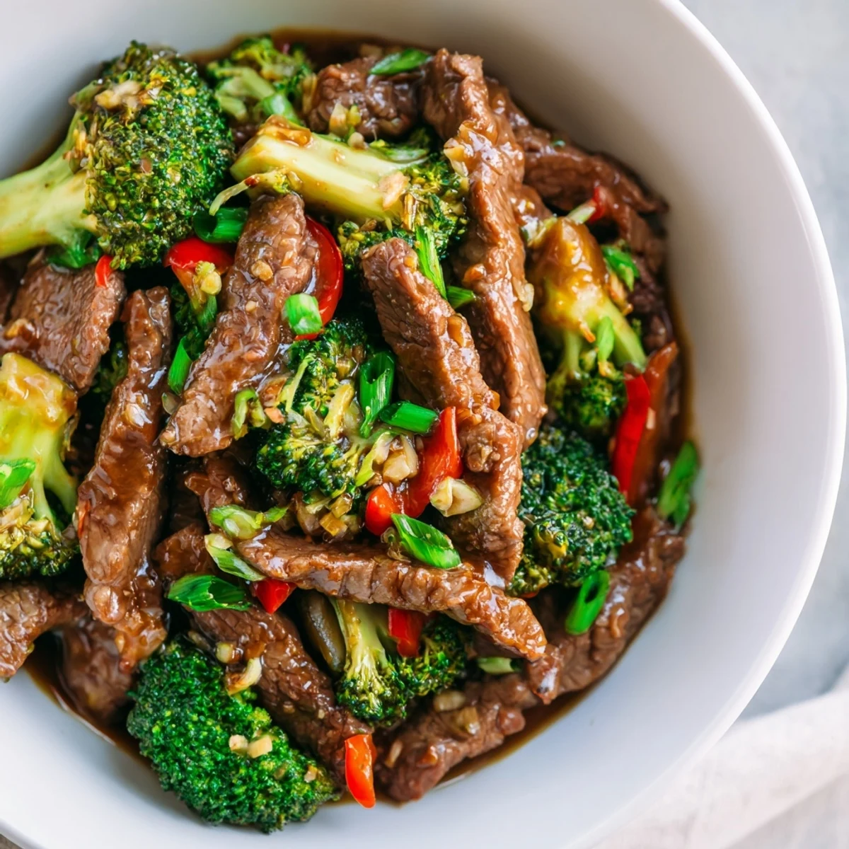 Golden-brown beef strips and crisp broccoli florets glisten in a spicy, savory sauce, ready to serve over steamed jasmine rice in this close-up photo of Spicy Beef Stir Fry with Broccoli.