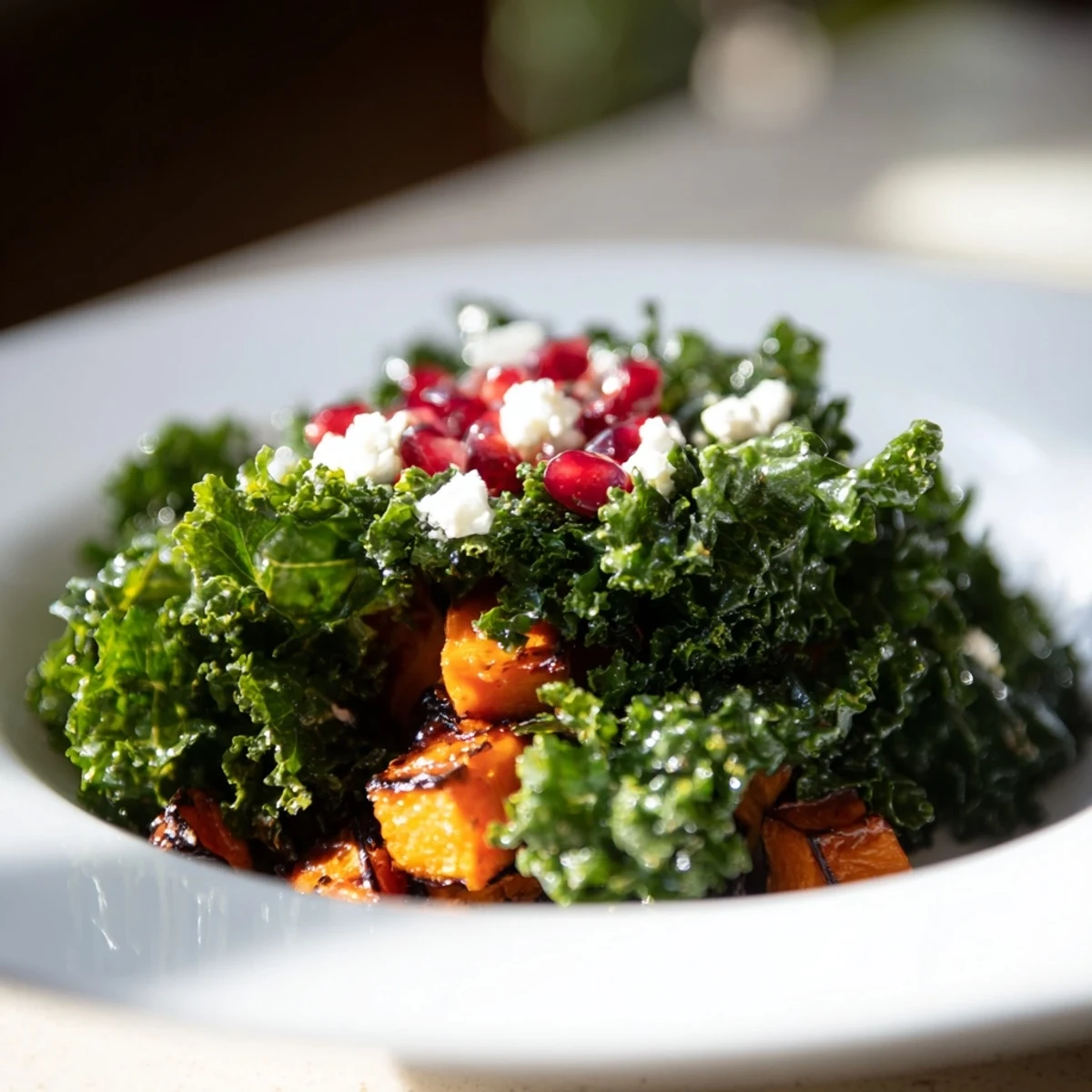 A vibrant winter kale salad with roasted sweet potato, red onion, and pomegranate seeds, tossed in a bright citrus dressing.