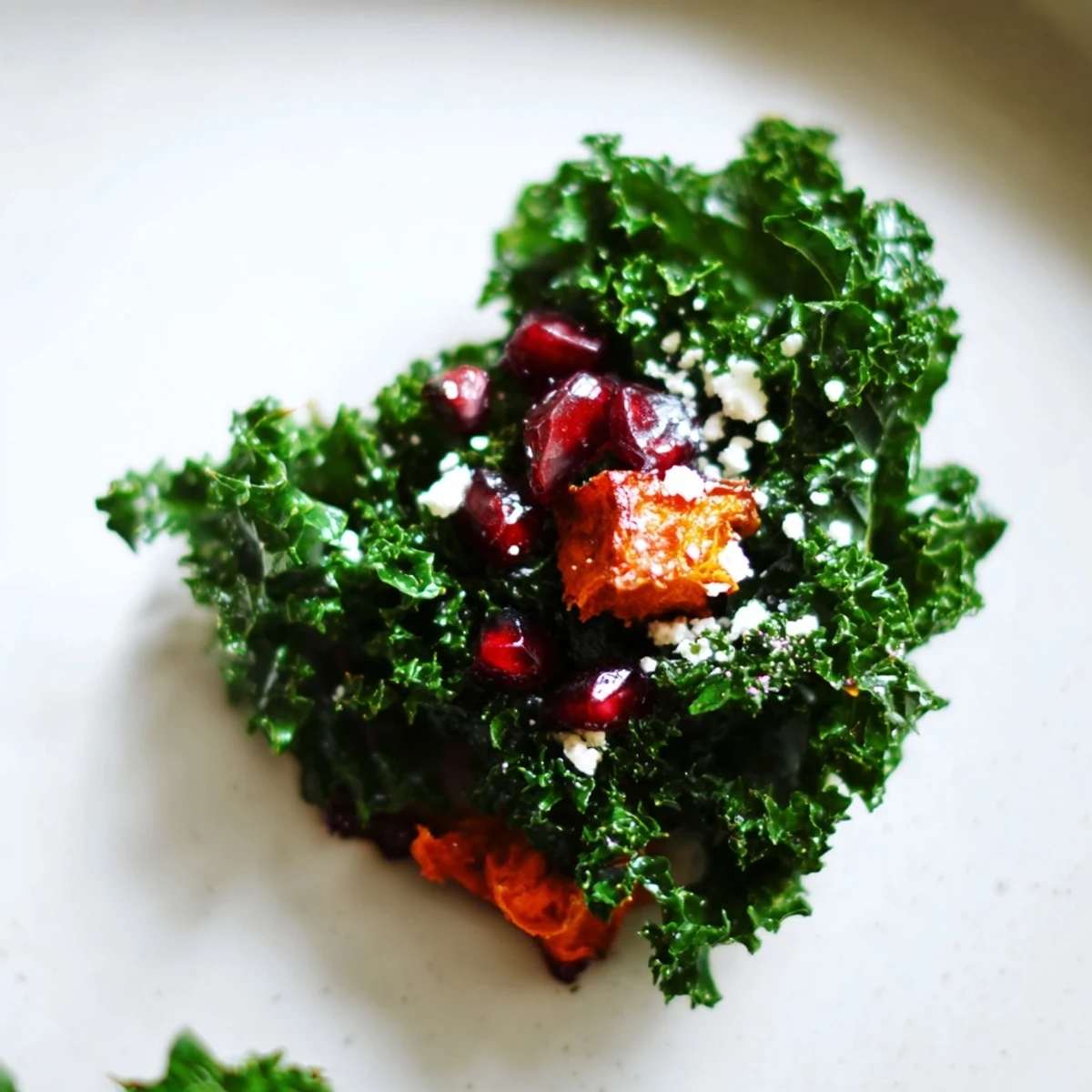 Hearty kale, roasted vegetables, and crumbled feta create a colorful, flavorful winter kale salad for four servings.