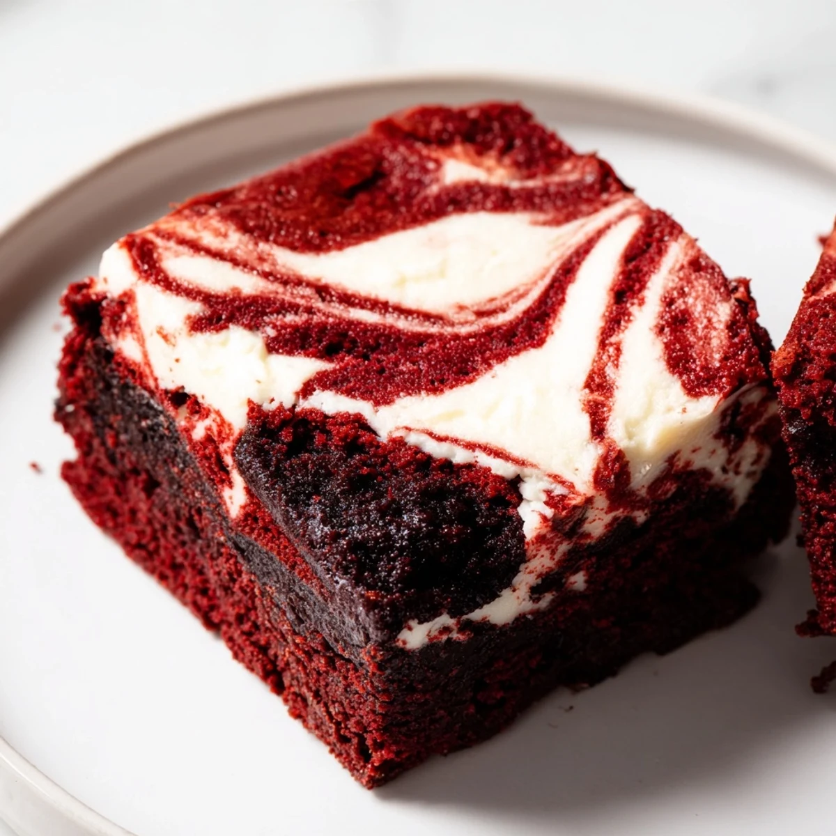 A close-up of rich Red Velvet Brownies with Cream Cheese Swirl, showing the marbled pattern and moist, fudgy texture perfect for a holiday dessert.