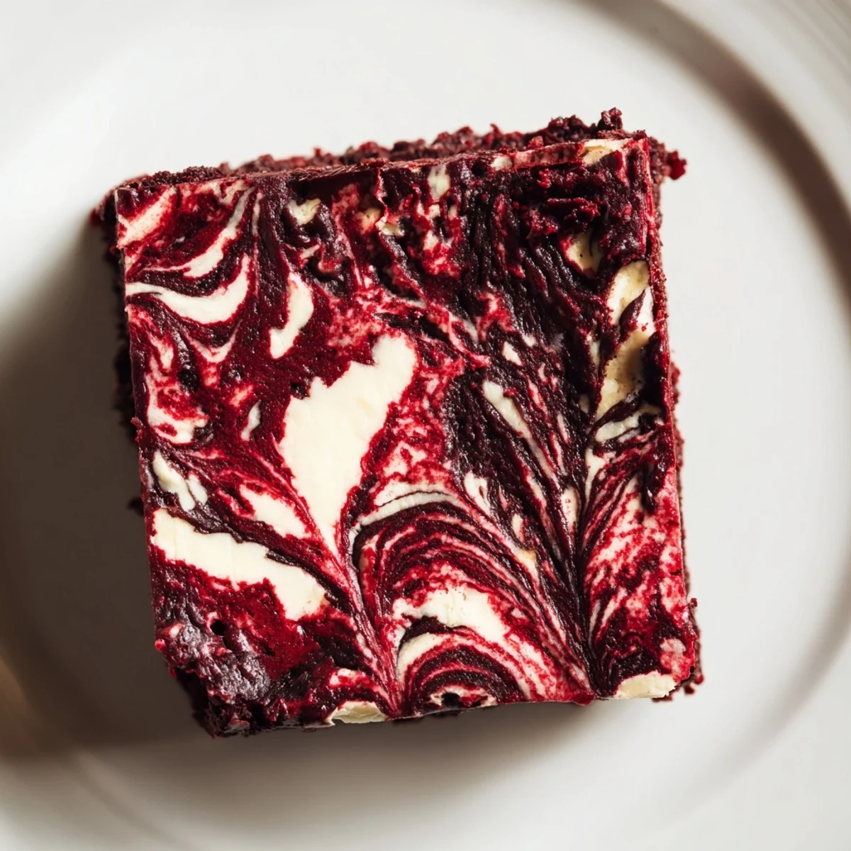 Decadent Red Velvet Brownies with Cream Cheese Swirl cooling on a wire rack, with vibrant red cocoa crumb and creamy white swirls for a festive treat.