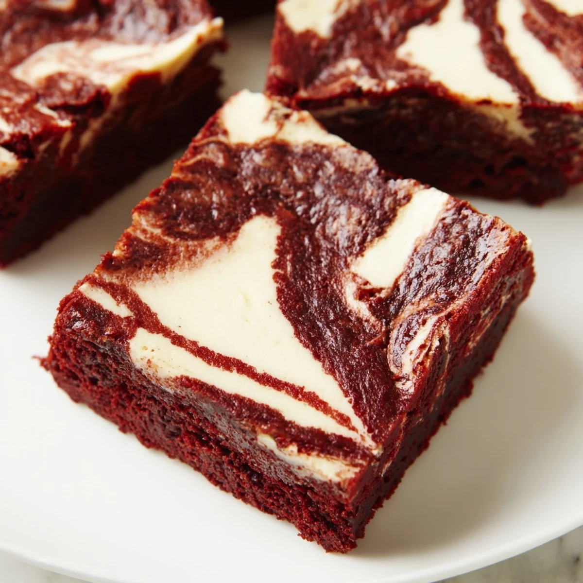 Freshly baked Red Velvet Brownies with Cream Cheese Swirl, cut into neat squares on a wooden board, ready to serve with a glass of cold milk.