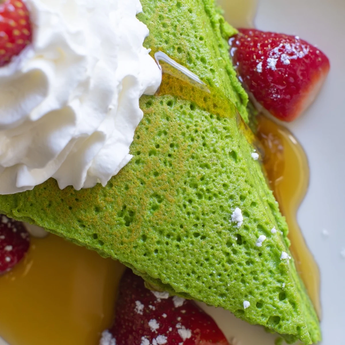 Fluffy Shamrock Green Pancakes stacked high, topped with maple syrup and fresh berries for a festive St. Patrick's Day breakfast.  