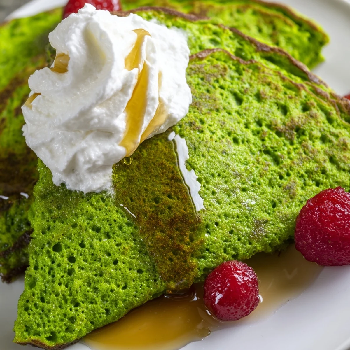 Homemade Shamrock Green Pancakes made with fresh spinach, served warm with whipped cream and vibrant berries on the side.