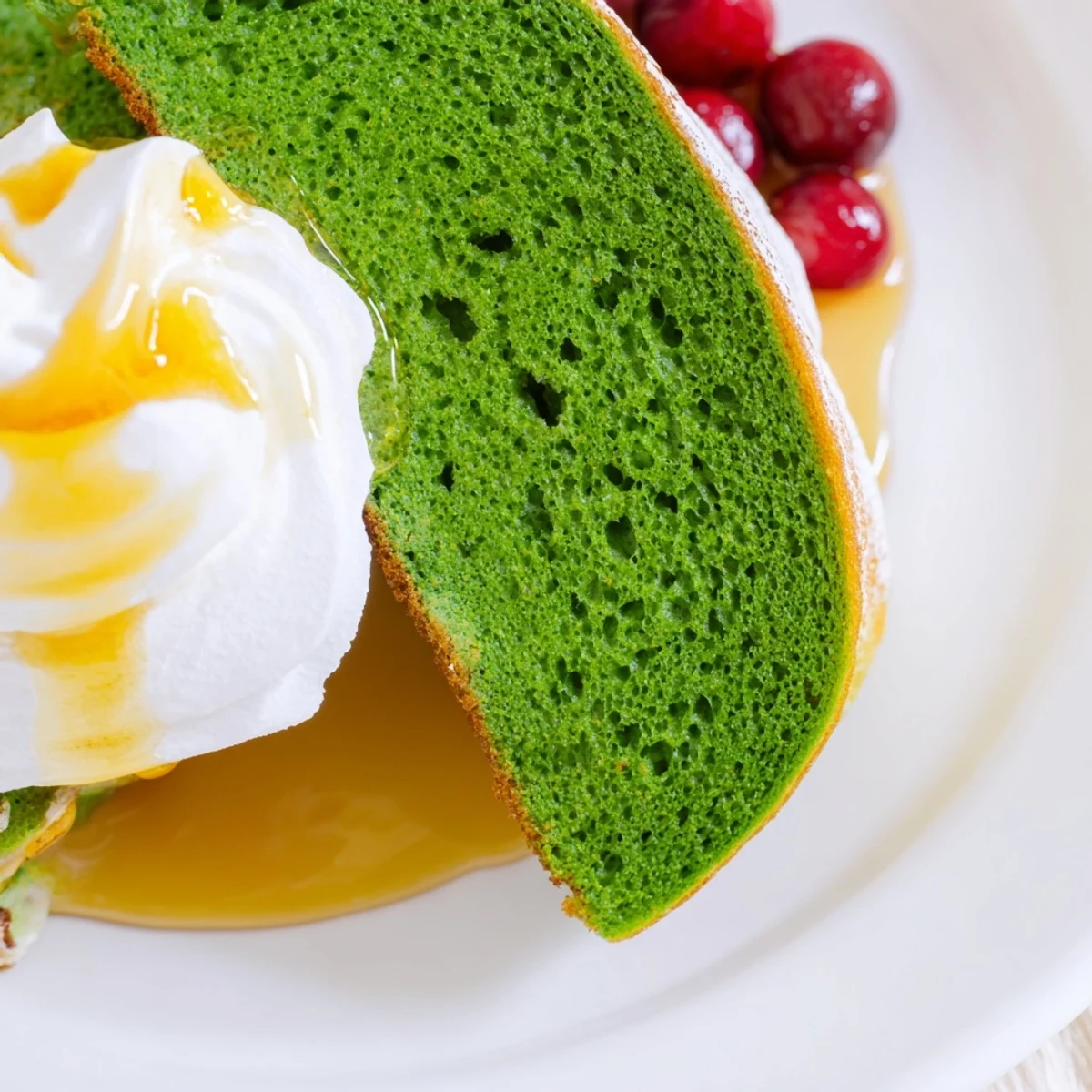 Golden-edged Shamrock Green Pancakes rest on a white plate with a pat of butter and a drizzle of maple syrup.  