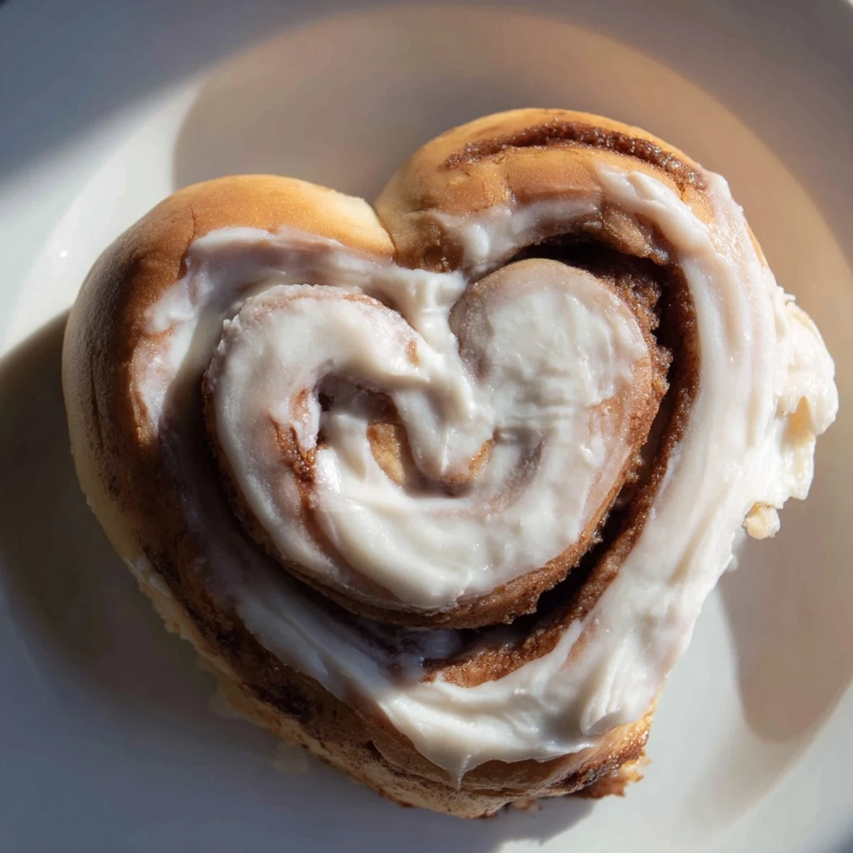 Freshly baked Sweetheart Cinnamon Rolls, glistening with cream cheese icing, sit perfectly arranged on a rustic wooden board.  