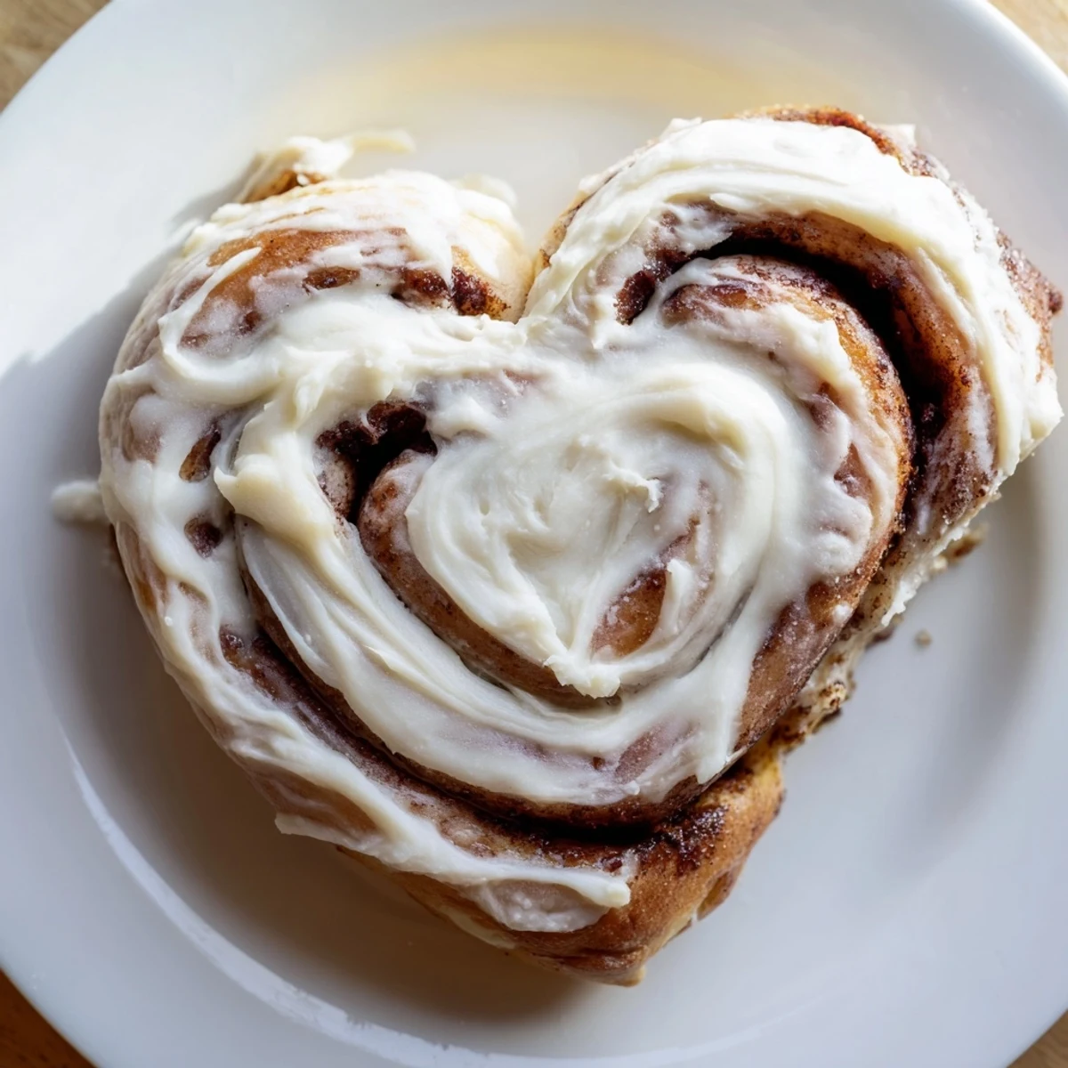 A close-up of a Warm Sweetheart Cinnamon Roll reveals soft, heart-shaped swirls filled with cinnamon sugar and rich, drizzled icing.  