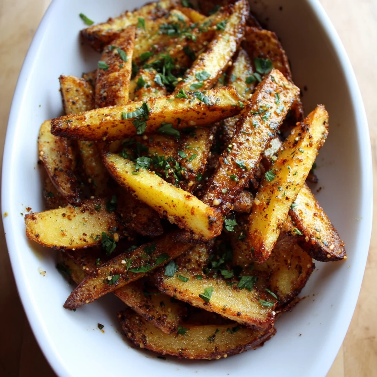Crispy Cajun Spiced Fries fresh from the oven, golden-brown and seasoned with smoky paprika and cayenne, served on a rustic platter.