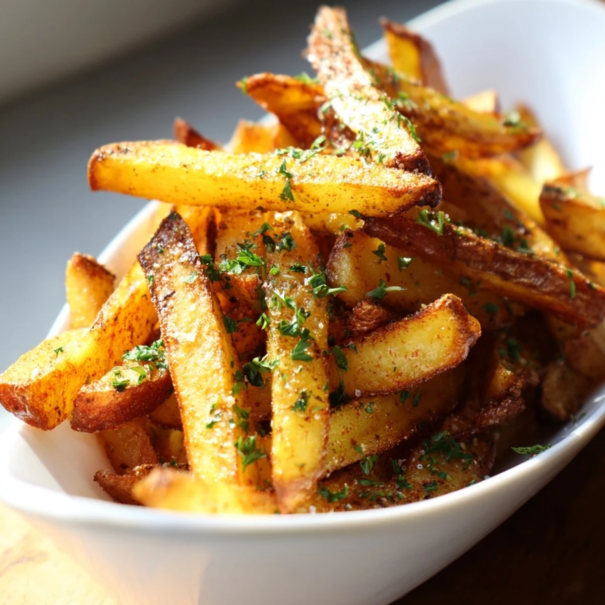 A close-up view of oven-baked Cajun Spiced Fries tossed in bold spices and fresh parsley, perfect as a vegan snack or side.