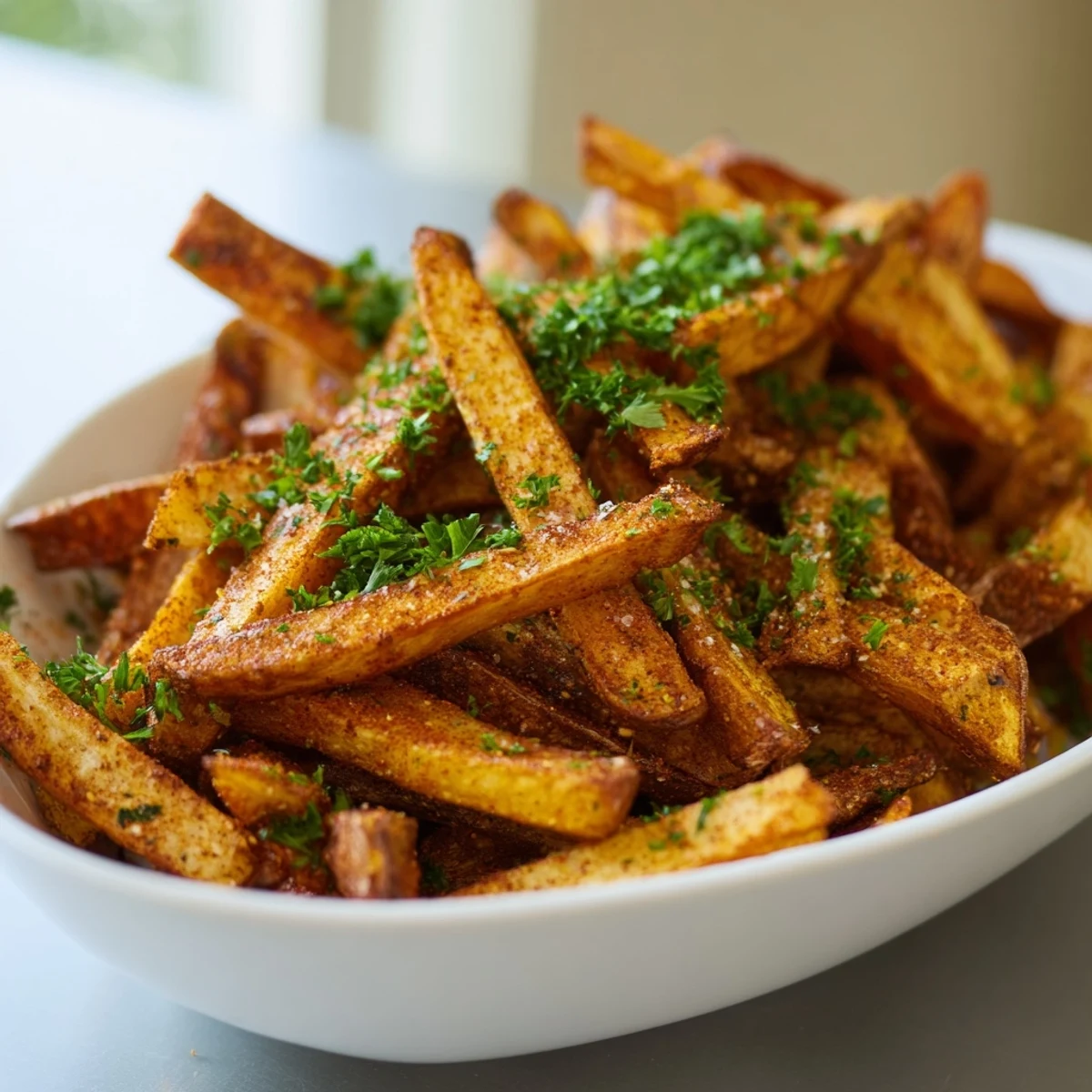 Golden-brown Cajun Spiced Fries piled high, showing a crunchy texture and vibrant seasoning, ready to be dipped in creamy vegan ranch.