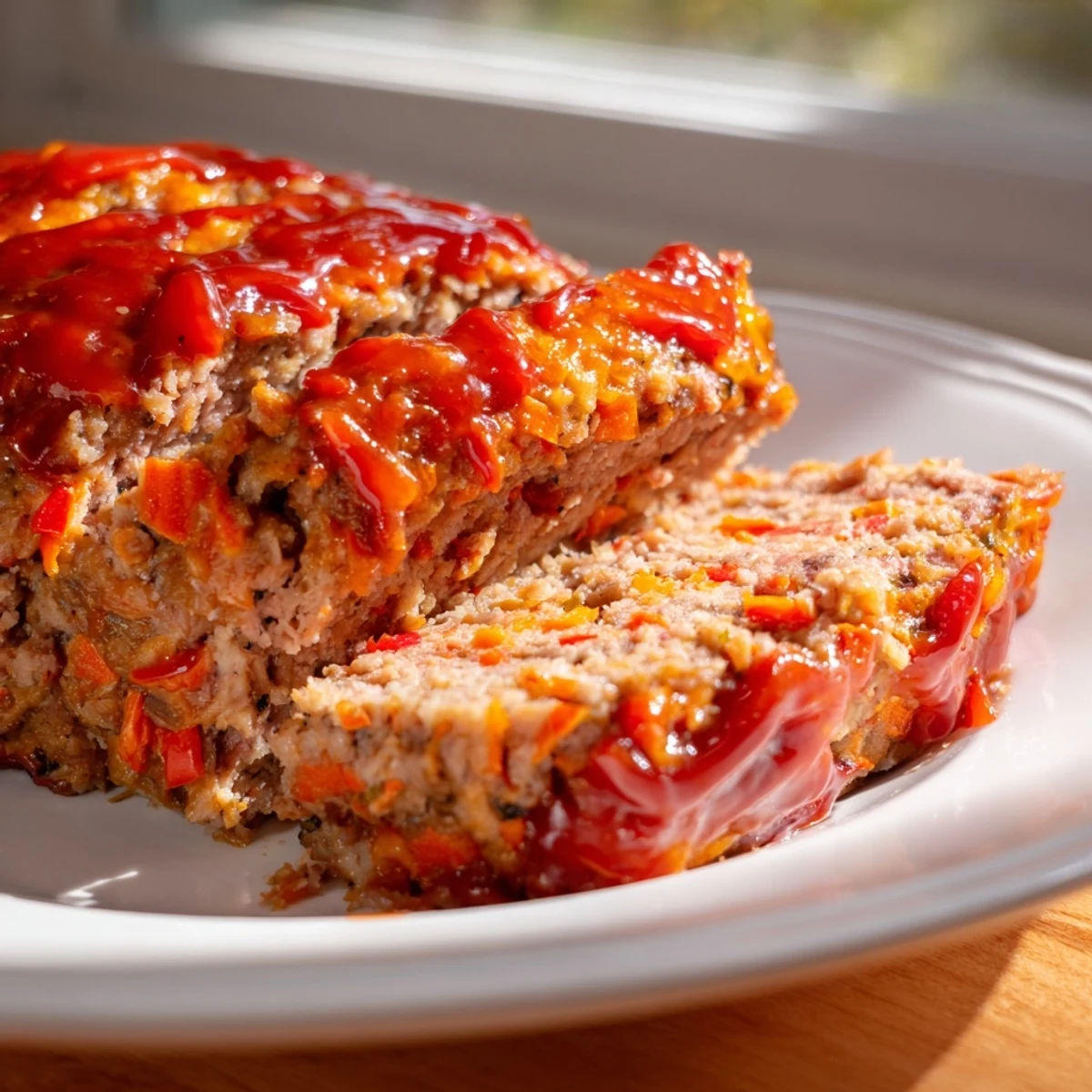 Freshly baked turkey meatloaf glazed with a sweet and tangy ketchup topping, sliced thick and served alongside fluffy mashed potatoes and green beans.