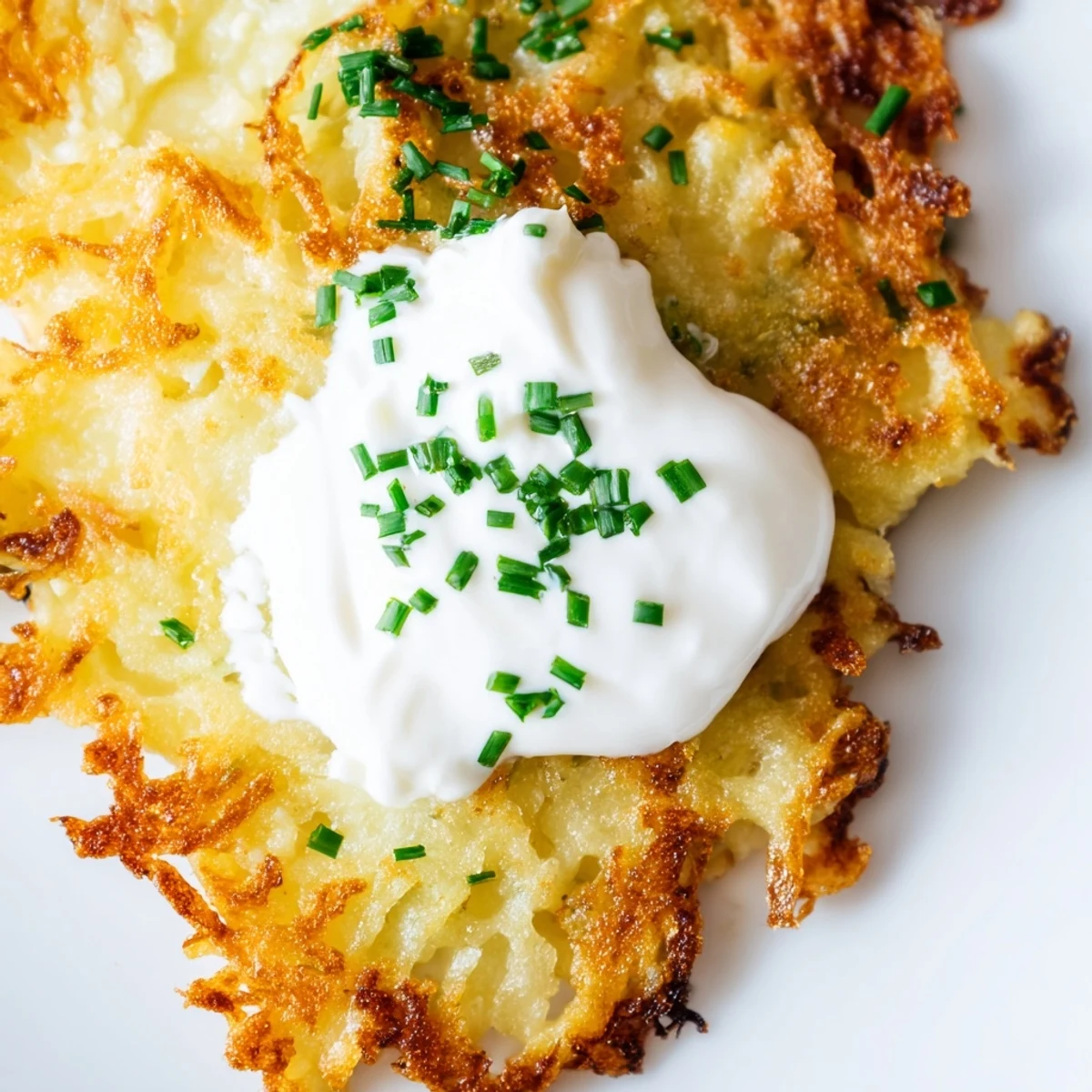 Traditional Irish Boxty Potato Pancakes, golden brown and stacked, garnished with sour cream and chives for a comforting bite.