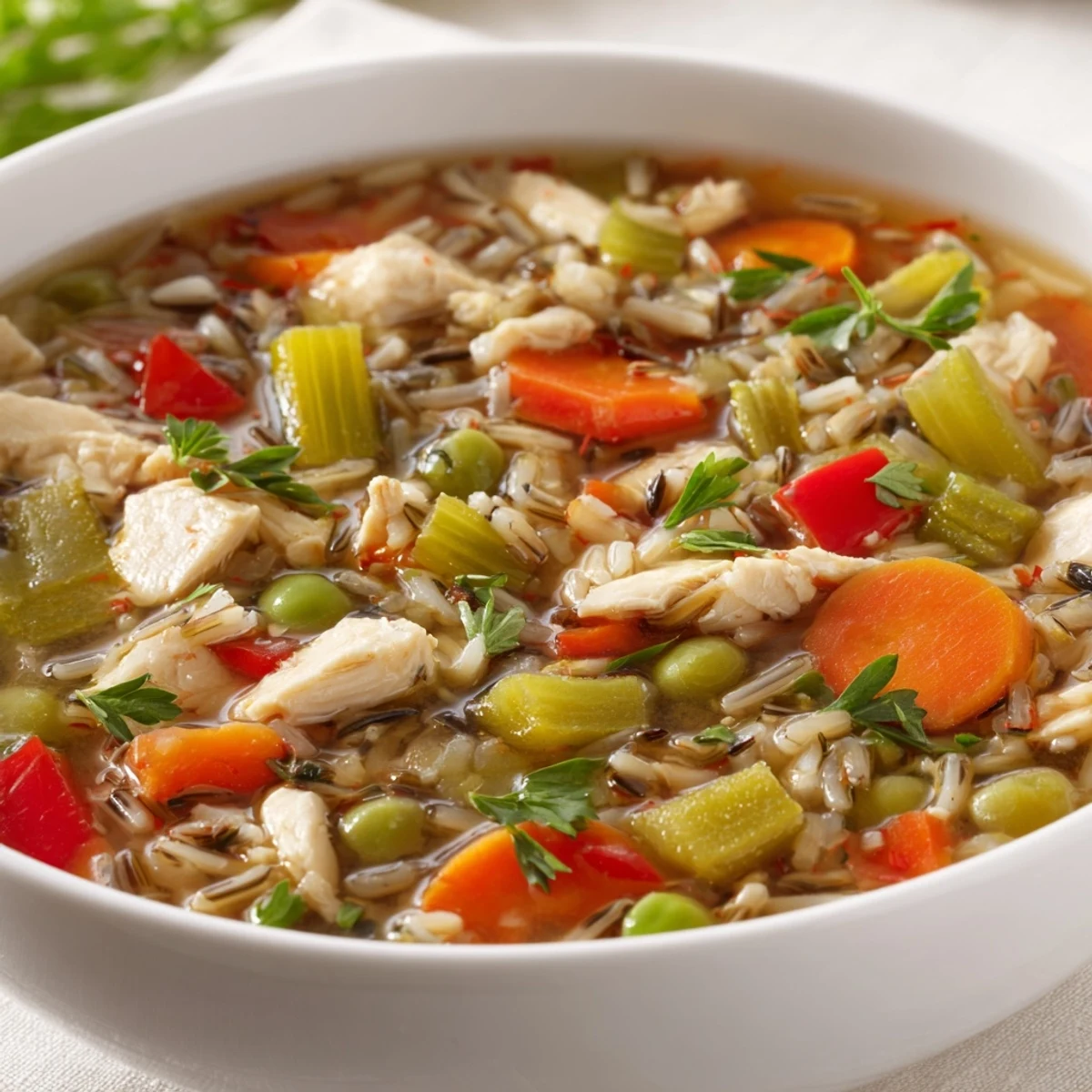 Homemade Chicken Vegetable Soup with Wild Rice steaming in a white bowl, showcasing carrots, celery, peas, and green beans in a comforting, nutritious broth.