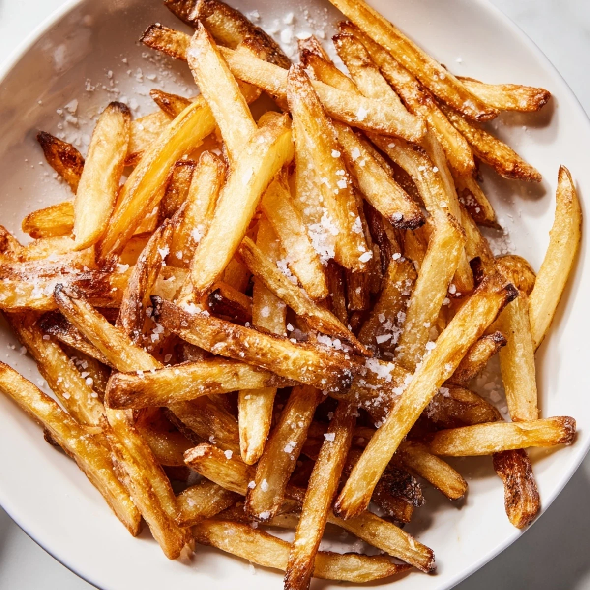 Crispy Air Fryer French Fries with Sea Salt piled high in a white ceramic bowl, showcasing their golden edges and fluffy interiors.