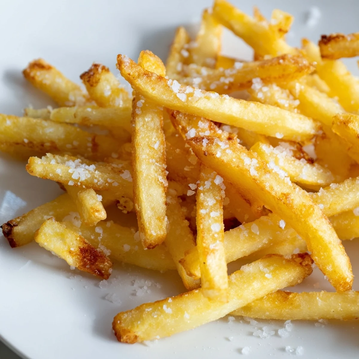 Golden Crispy Air Fryer French Fries with Sea Salt served hot alongside a dipping sauce of ketchup or aioli.