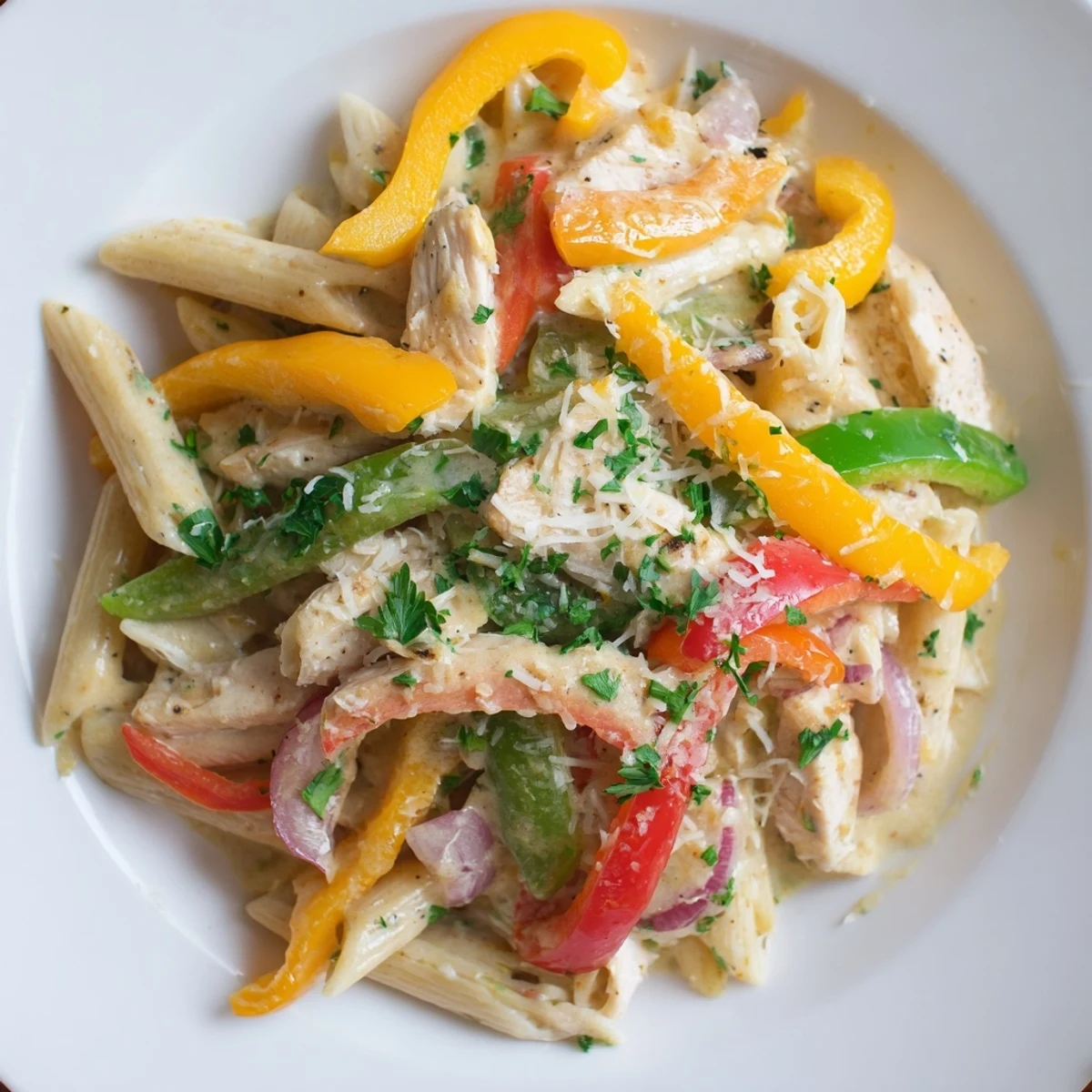 Creamy Cajun Chicken Pasta with Bell Peppers in a skillet, featuring tender chicken slices and vibrant tri-color peppers coated in a rich, creamy sauce.