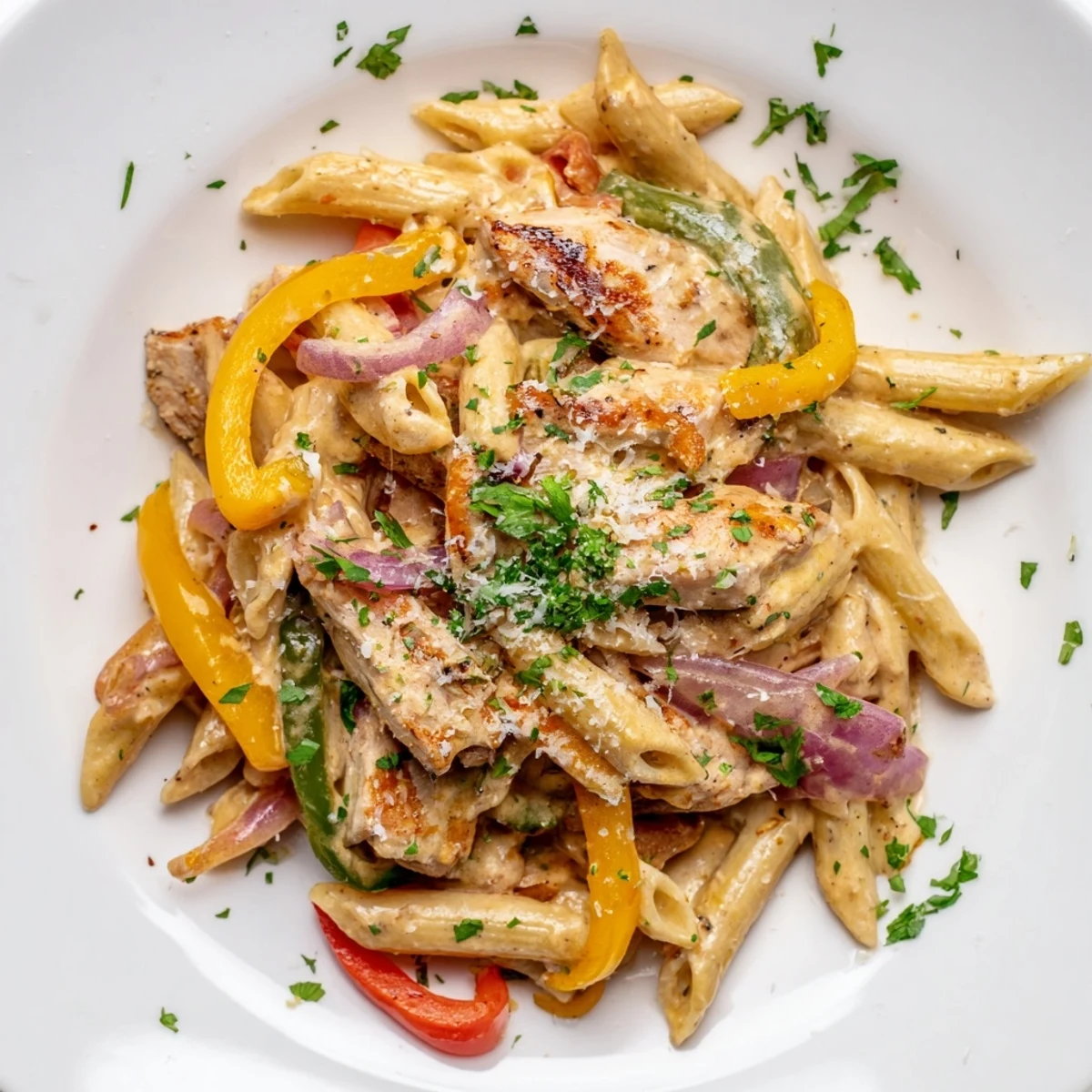 Close-up of Cajun Chicken Pasta with Bell Peppers, highlighting the steam rising from al dente penne tossed with onions and a spicy, creamy sauce.
