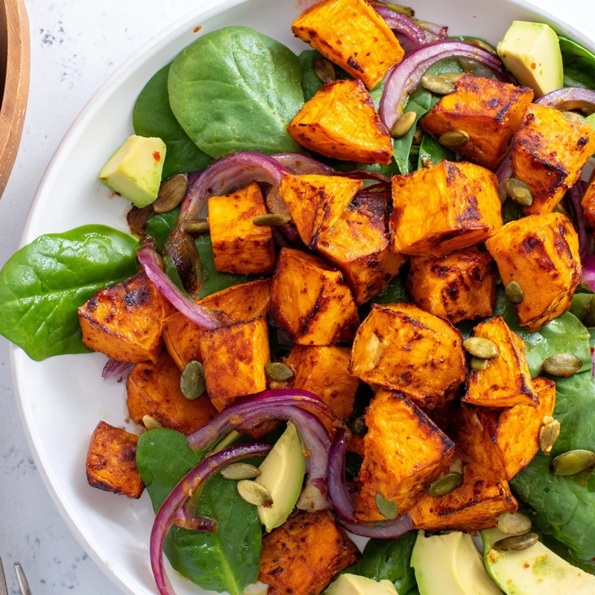 A close-up of roasted sweet potato salad with lime dressing, featuring golden cubes, red onion slices, and crumbled feta on a bed of greens.