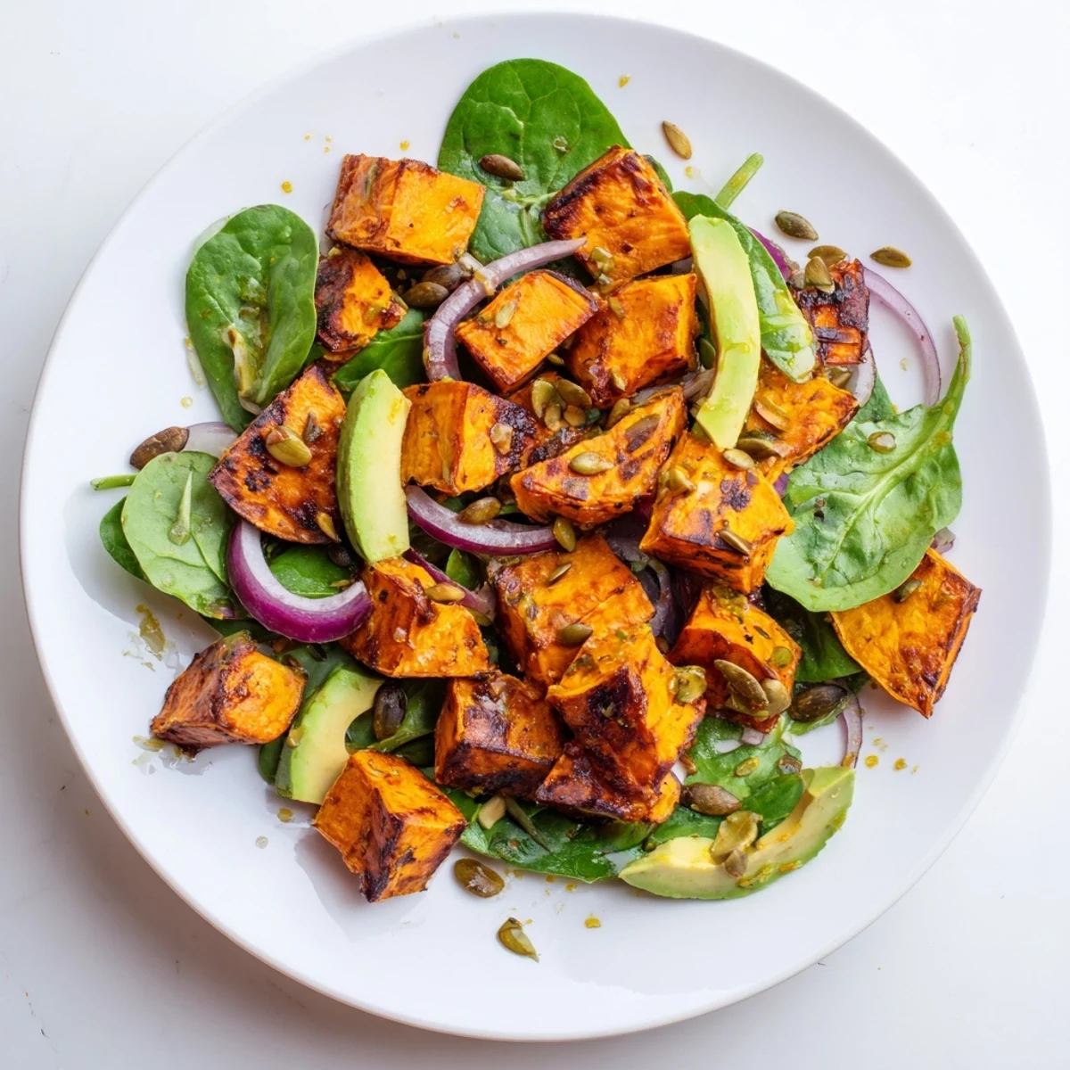 Caramelized roasted sweet potatoes, fresh spinach, and creamy avocado tossed in a vibrant zesty lime dressing for this flavorful Roasted Sweet Potato Salad.