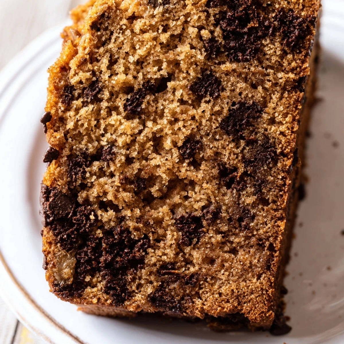 Moist chocolate banana bread slice showcasing a rich cocoa crumb and melted dark chocolate chips for dessert.