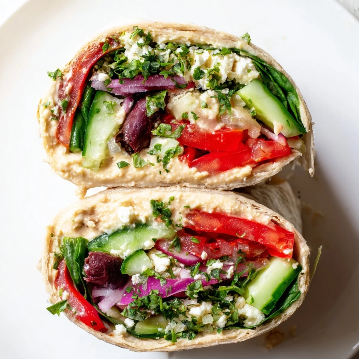 Fresh Mediterranean Sandwich Wrap with veggies, creamy hummus, and crumbled feta cheese on a wooden table.