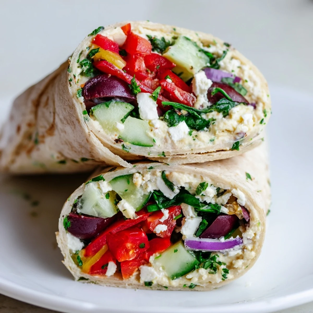 Colorful Mediterranean Sandwich Wrap stuffed with crisp vegetables and hummus, cut in half for serving.