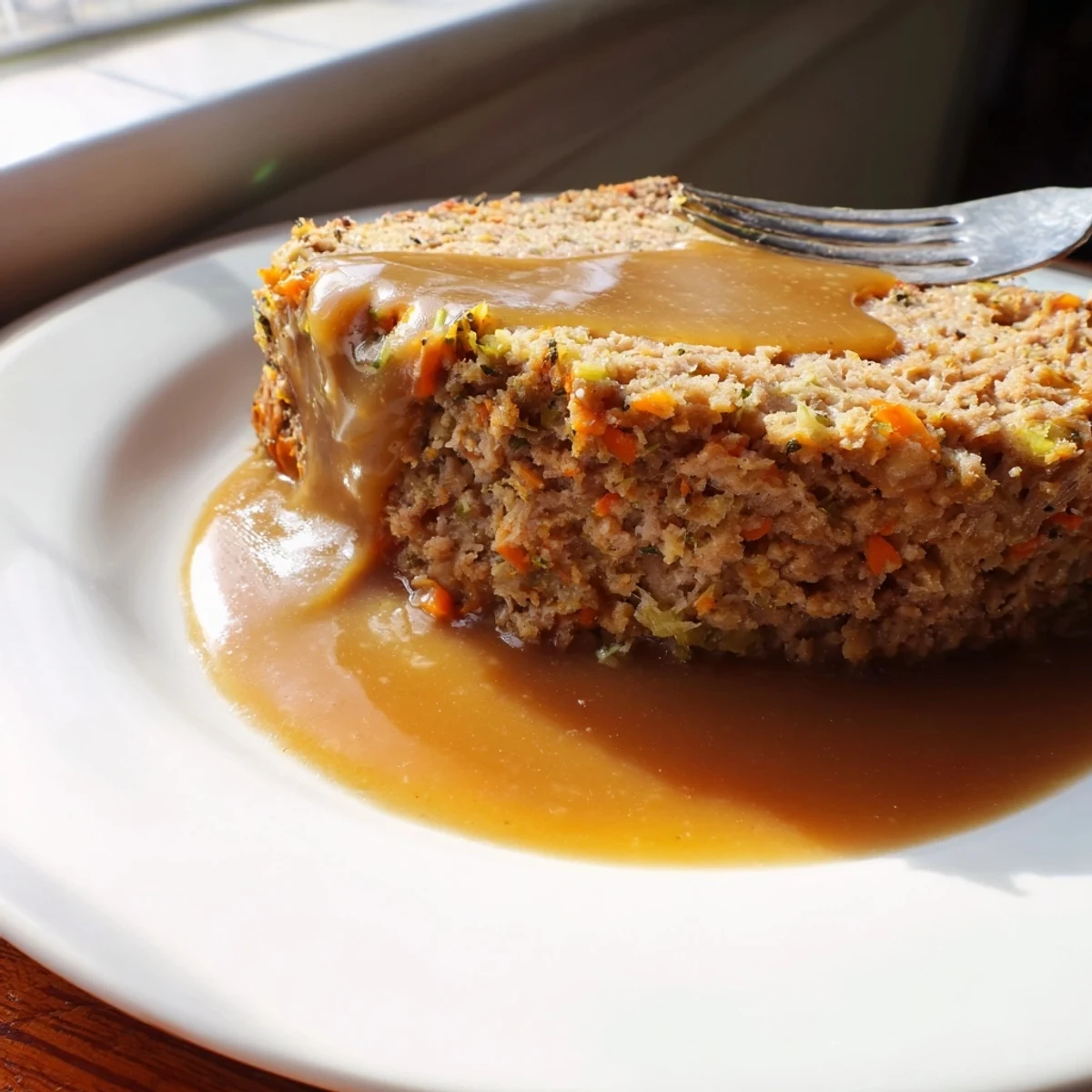 Golden-brown turkey loaf slice on a white plate, drizzled with rich homemade gravy and garnished with fresh parsley, served alongside creamy mashed potatoes for a comforting family dinner.