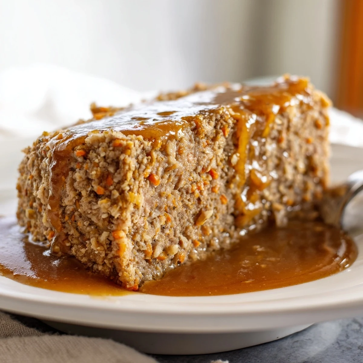Close-up of a moist turkey loaf slice with savory gravy pooled around it, revealing tender carrot shreds and herb specks on a rustic wooden table setting.
