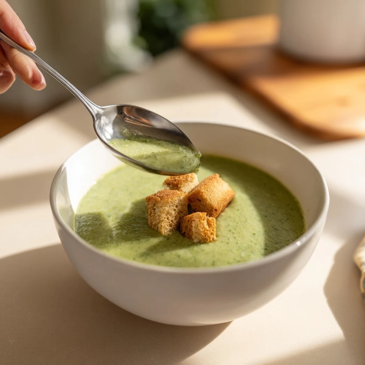 Homemade creamy broccoli soup topped with crunchy croutons, steam rising gently from a white ceramic bowl, perfect for a cozy light dinner.