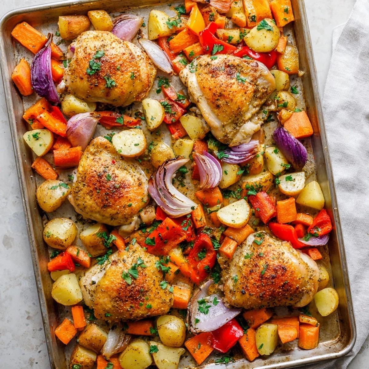 A close-up of the Roasted Meal Pan Dinner showing crispy chicken skin, tender potatoes, and caramelized onion wedges.