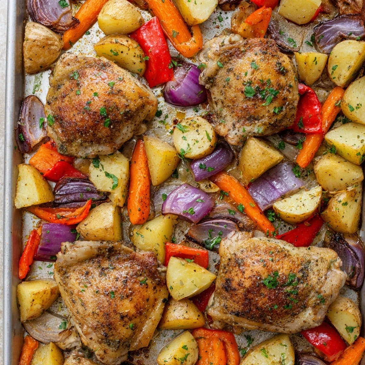 Roasted Meal Pan Dinner with golden chicken thighs and colorful vegetables on a parchment-lined sheet pan.