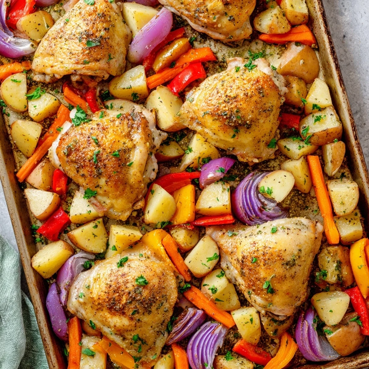 Golden Roasted Meal Pan Dinner on a serving platter garnished with fresh parsley and lemon wedges.
