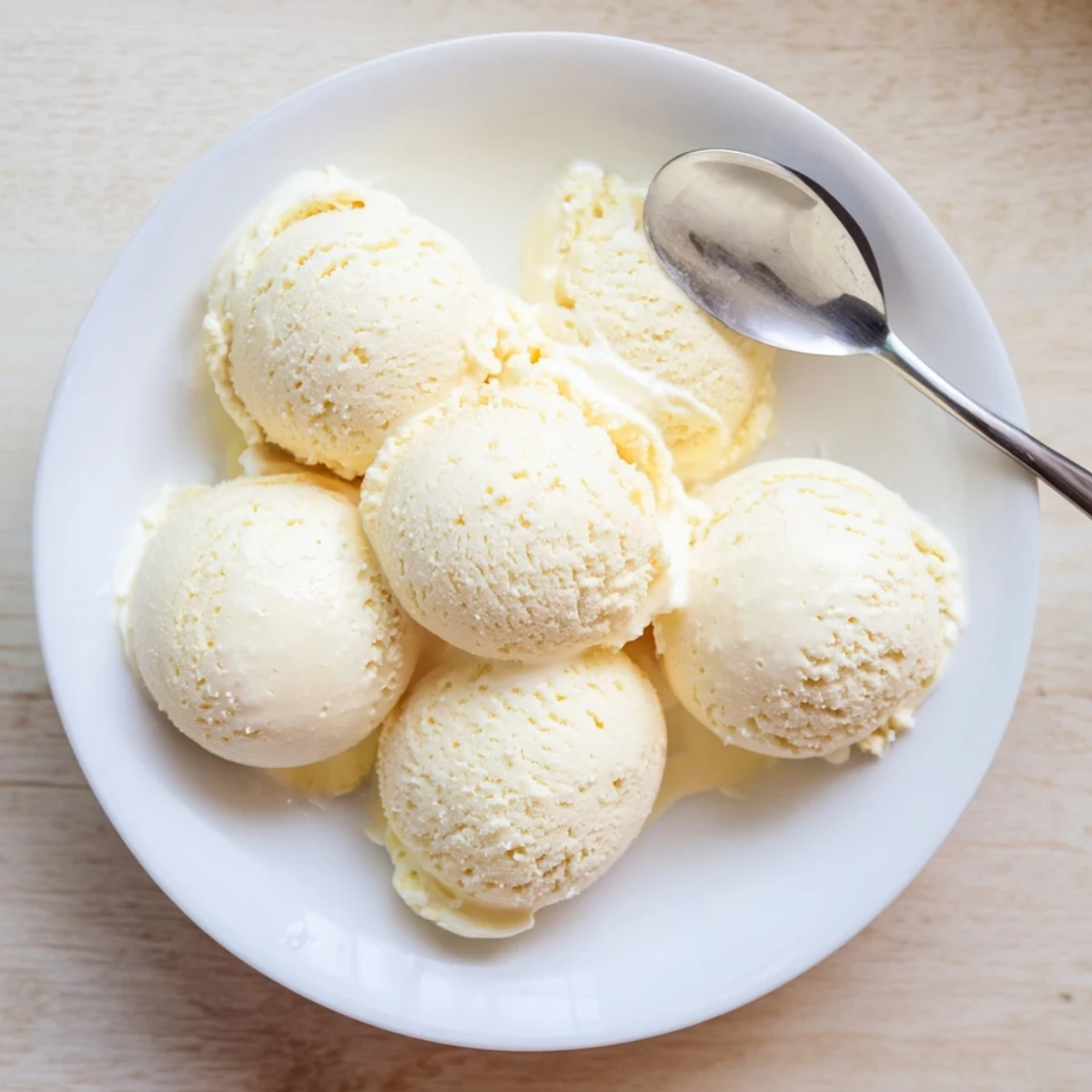 Creamy Treat Ice Cream scoops from a tub with visible vanilla bean specks and a rich, velvety texture.  