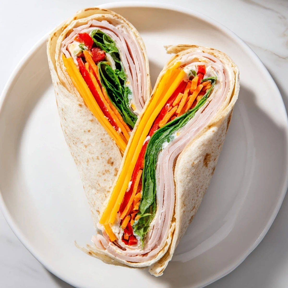 Turkey Snack Wrap Roll filled with turkey, cheddar, spinach, carrots, and bell pepper, sliced diagonally on a wooden board.