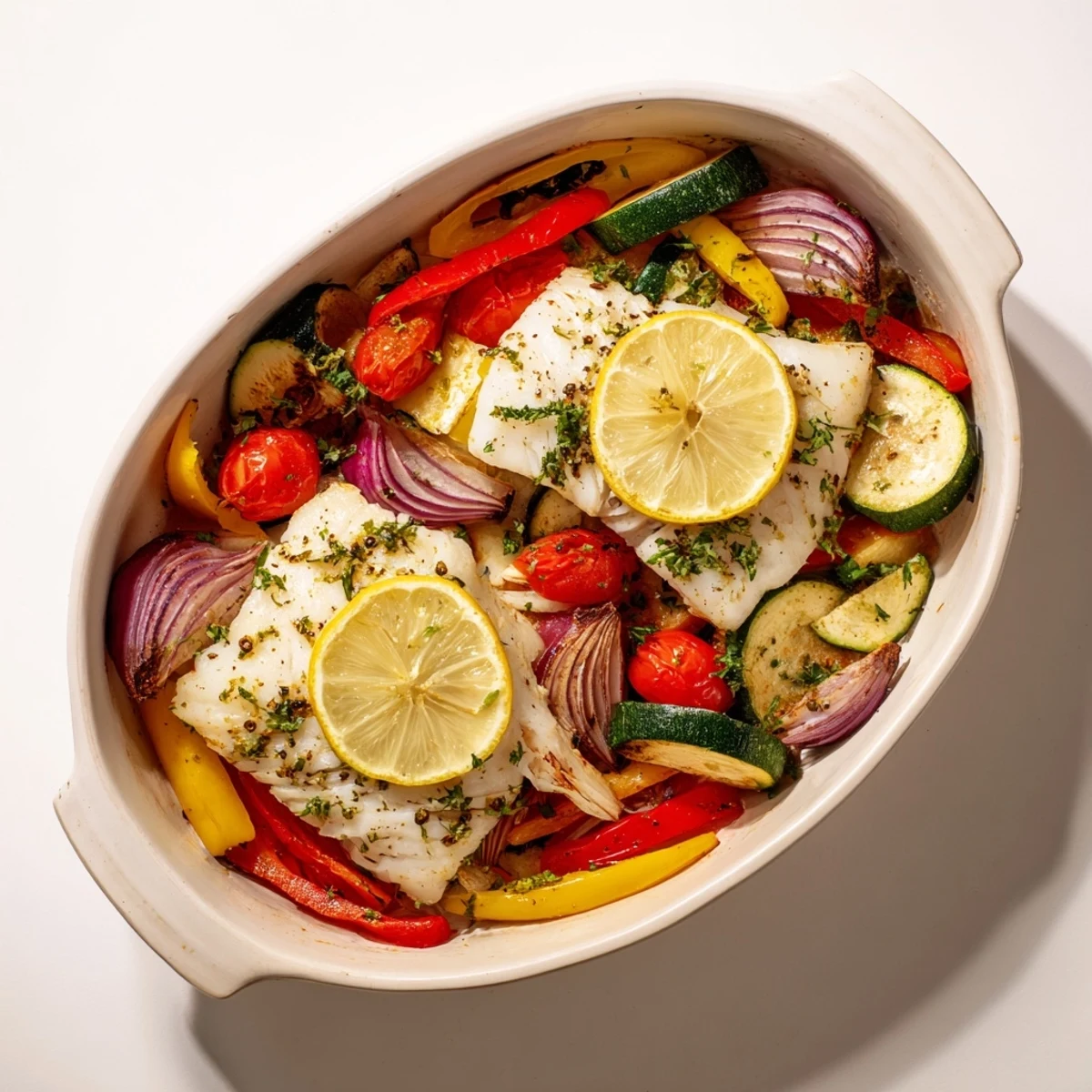 Tender flaky baked cod fillets and roasted vegetables on a platter, garnished with fresh parsley and lemon slices.