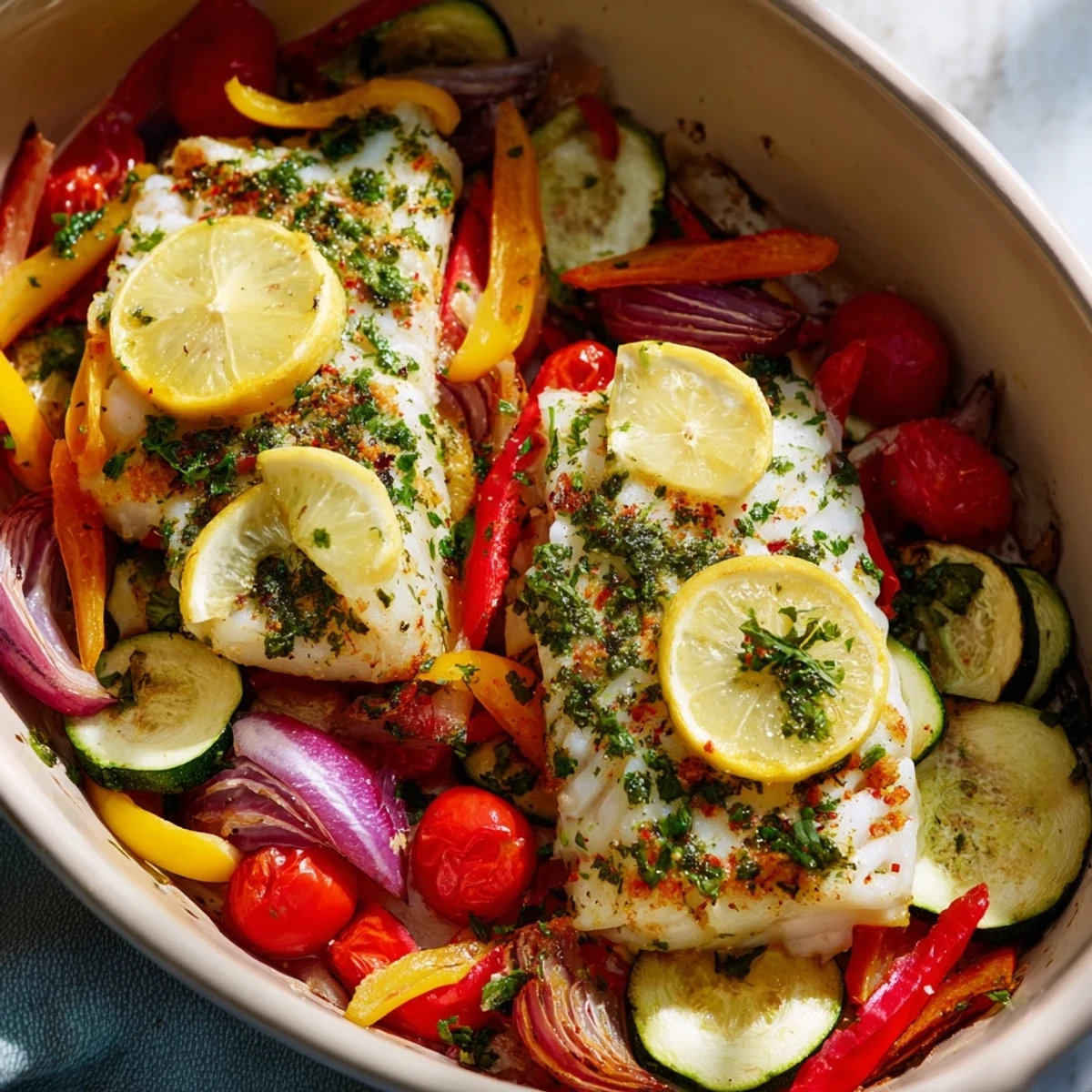 A close-up of baked cod with colorful bell peppers, zucchini, and cherry tomatoes, drizzled with olive oil and herbs.