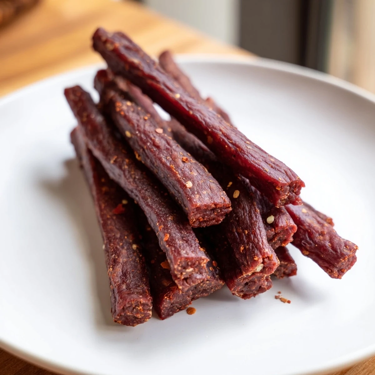 Golden-brown Beef Snack Stick Jerky pieces resting on a cooling rack after hours in the dehydrator.  