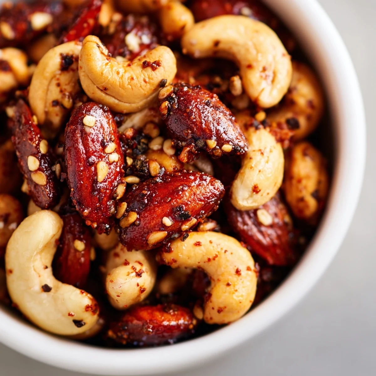 Golden-brown Spicy Snack Nuts Mix in a rustic bowl, featuring almonds, cashews, and pecans coated in smoked paprika and chili spices.