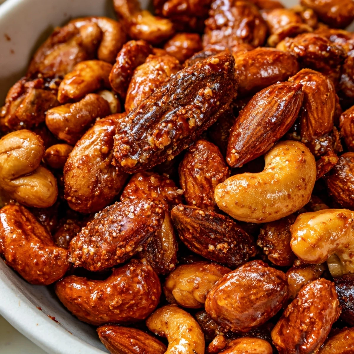 A hand reaching into a jar of Spicy Snack Nuts Mix, perfect for snacking during game day or enjoying with a cold beer.
