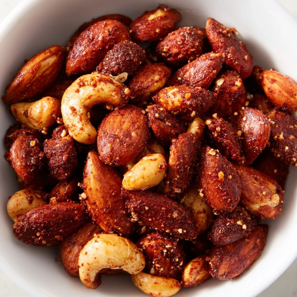 Close-up view of Spicy Snack Nuts Mix on a baking sheet, showing a crunchy, freshly roasted texture with glistening olive oil glaze.