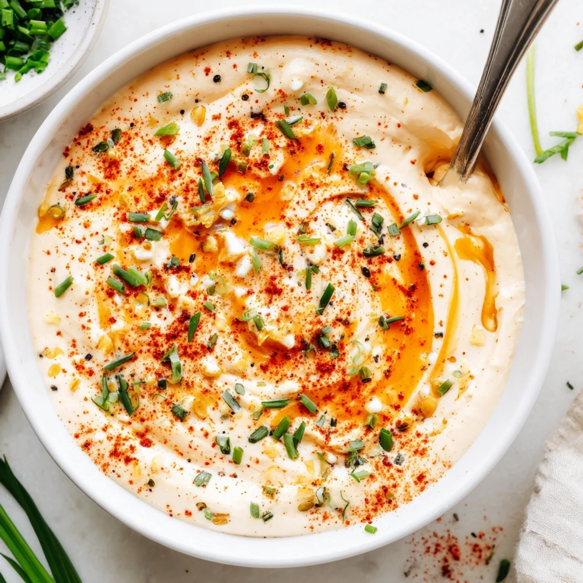 Creamy Snack Cheese Dip in a rustic ceramic bowl, garnished with fresh chives and paprika, served with sturdy crackers and crisp veggie sticks.  