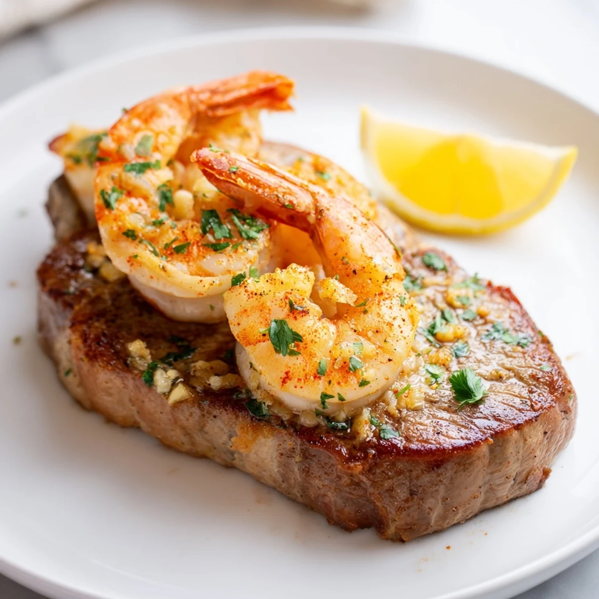 Golden-brown seared steak topped with garlicky shrimp, bathed in butter and fresh parsley for an indulgent date night surf and turf.