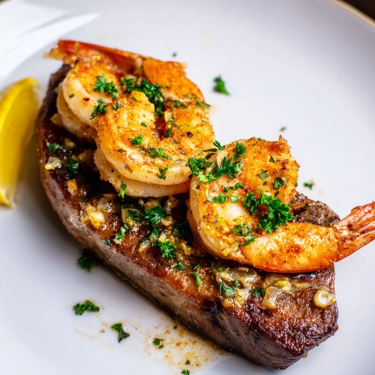 Tender filet mignon and pink shrimp sizzling in a skillet, infused with garlic butter and lemon, ready to serve over mashed potatoes.