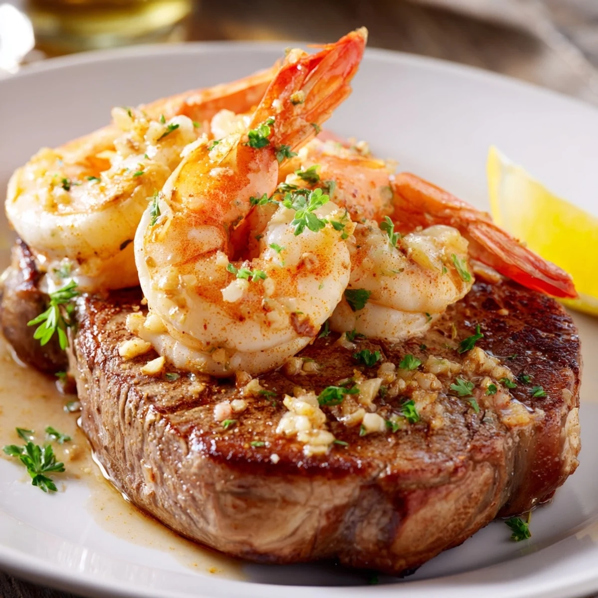 Perfectly cooked Date Night Surf and Turf plated with lemon wedges, showcasing juicy steak and garlic butter shrimp for a romantic dinner.
