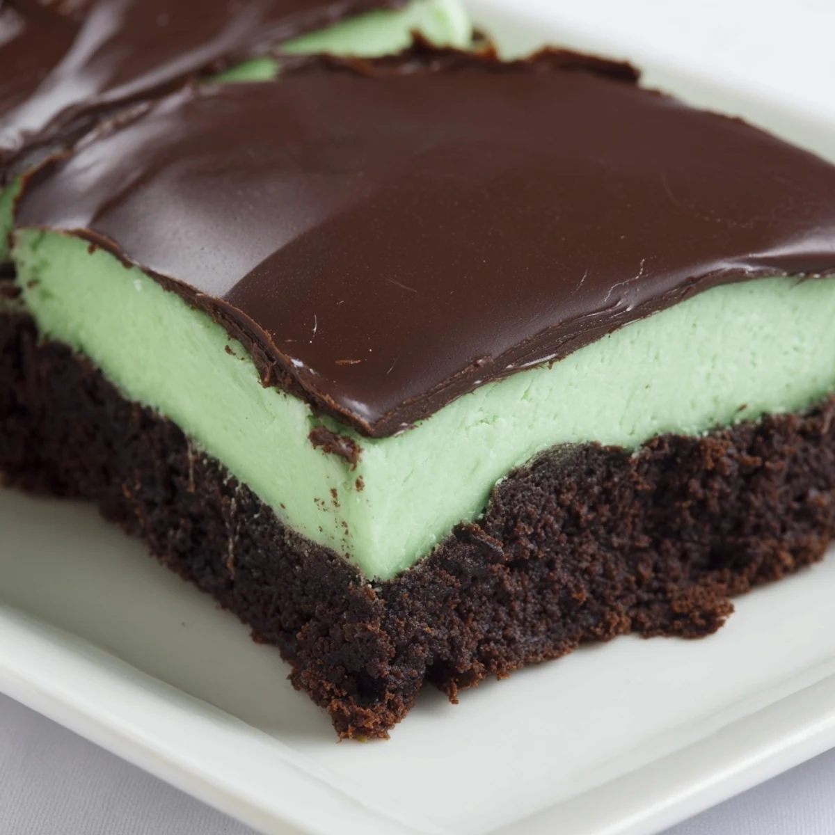 Fudgy Shamrock Mint Brownies with silky ganache and creamy mint layer, cut into squares on a white plate.