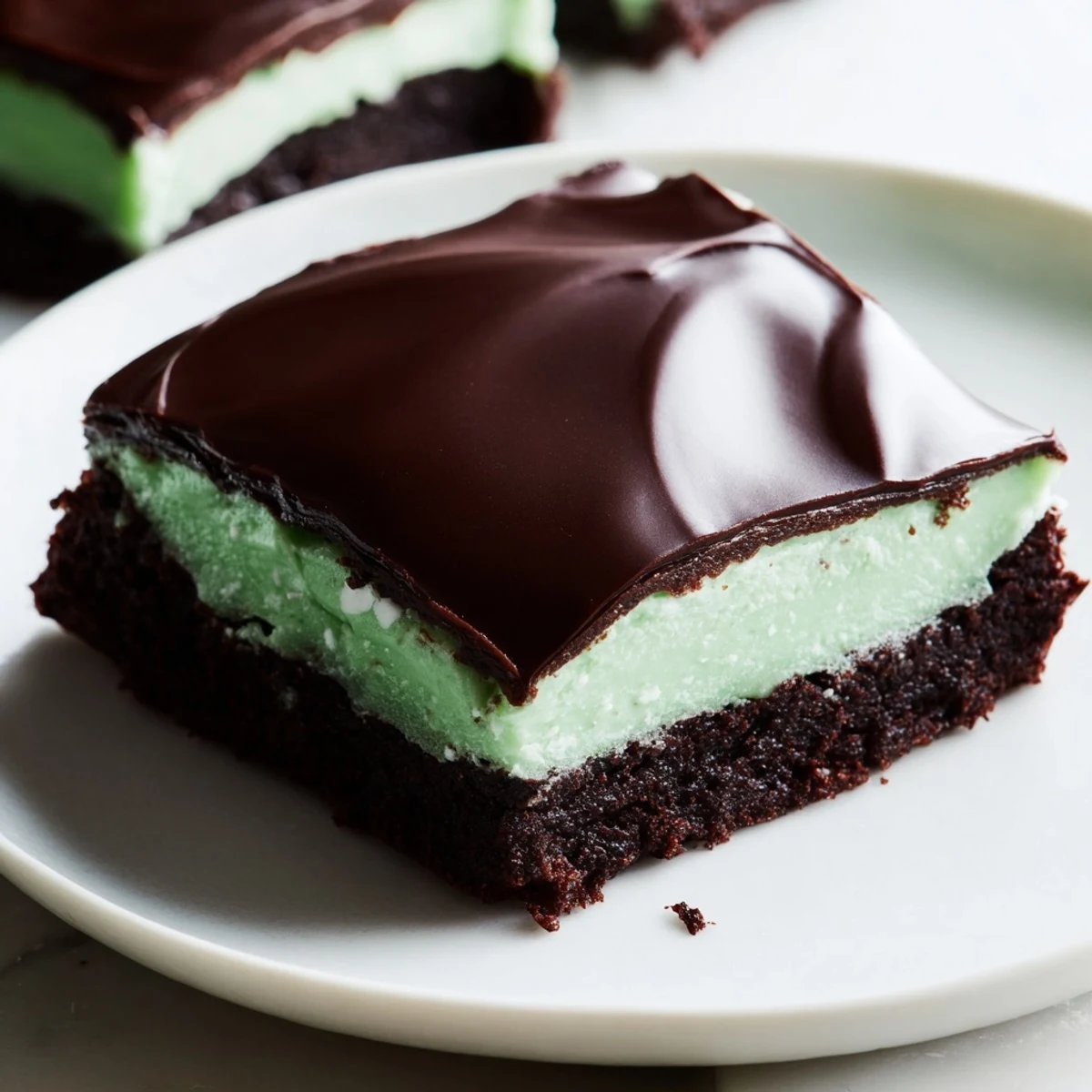 St. Patrick's Day green mint brownies topped with glossy chocolate ganache, served ready to enjoy for a festive treat.