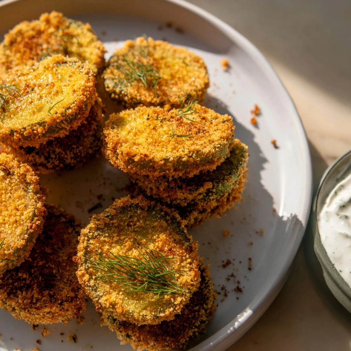 Golden-brown Super Bowl Fried Pickles with Ranch Dip, stacked on a platter with fresh herbs.