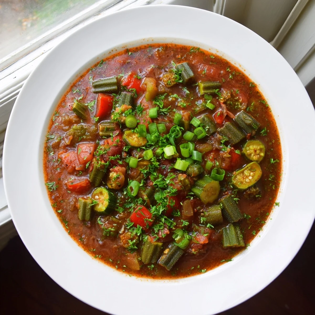 Steaming Creole Vegetable Gumbo with Okra and rice in a rustic bowl.