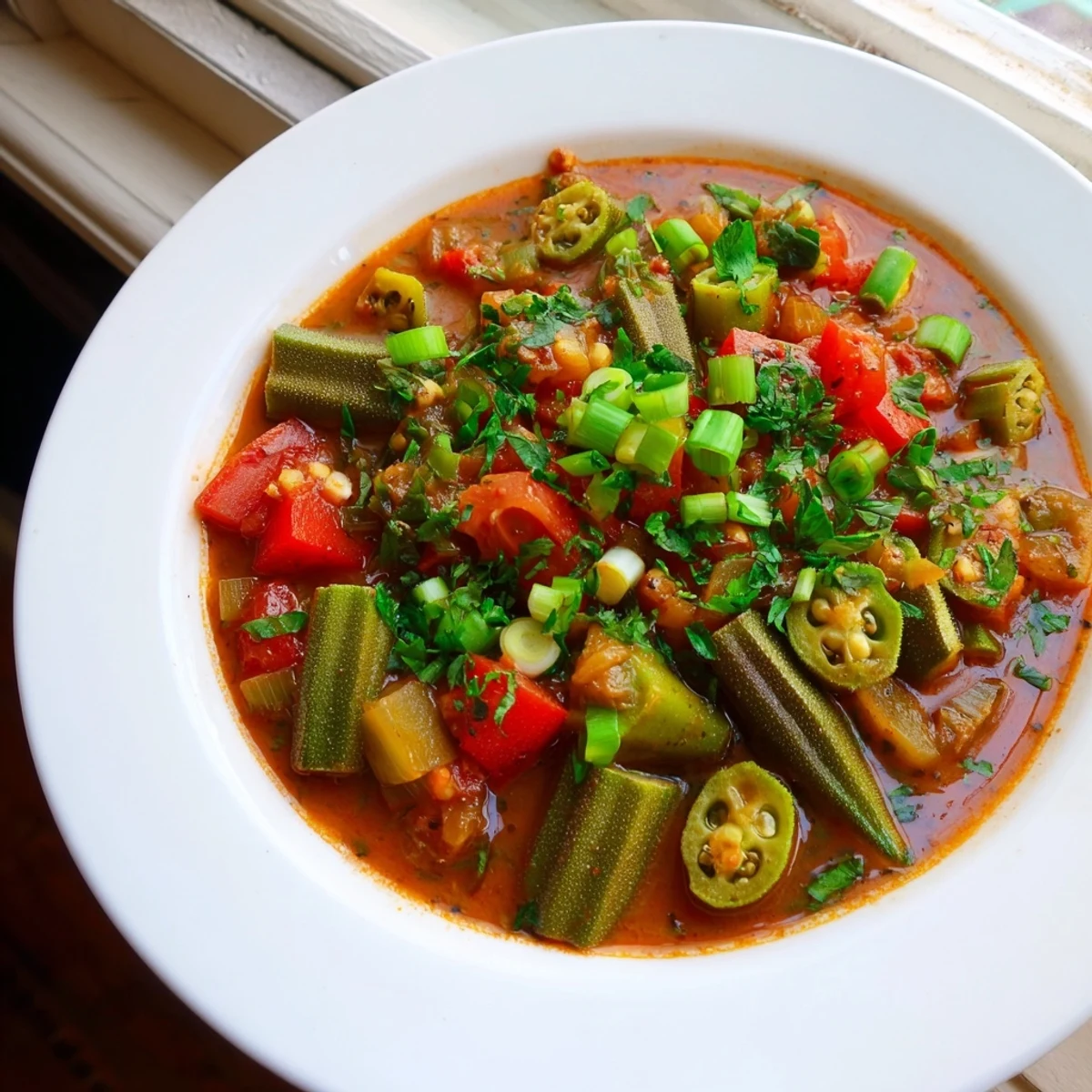 Colorful Creole Vegetable Gumbo with Okra simmering in a Dutch oven with fresh vegetables.