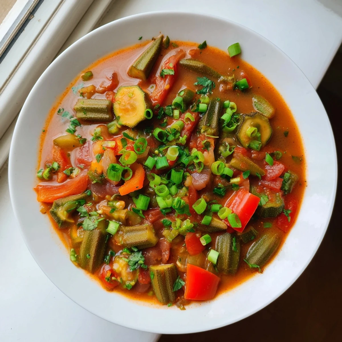 Hearty Creole Vegetable Gumbo with Okra served in a bowl with crusty bread.